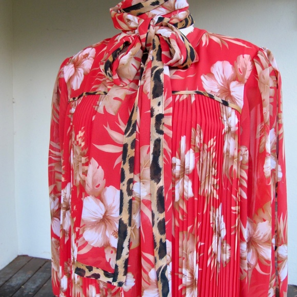 Diane Freis 2pc Skirt Top Georgette Dress w Scarf 8 10 12 Flower Leopard Pleats - Picture 6 of 14